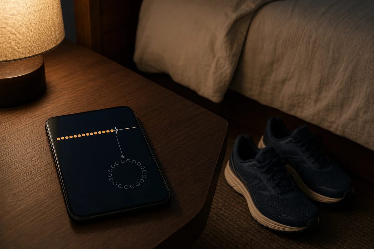 Phone on a nightstand at night showing a habit app with a broken 90-day streak reset to zero, running shoes untouched by the bed, moody
