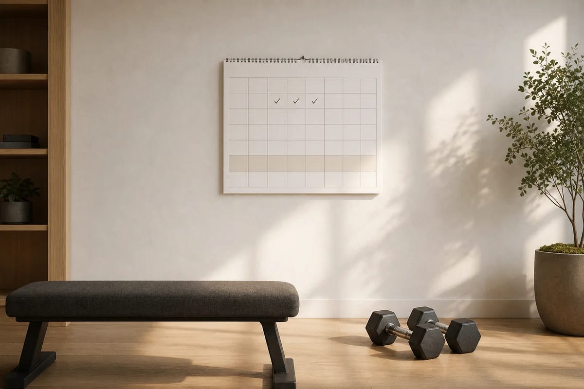 Wall calendar in a home gym corner with three weekday sessions checked off and one week ahead marked as a planned lighter week, dumbbells and a bench nearby