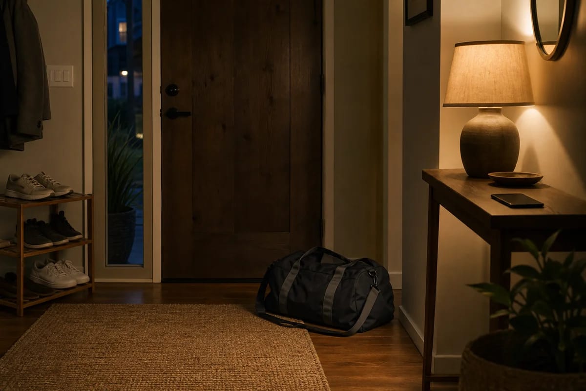 Home entryway at dusk, a packed gym bag sitting untouched by the front door, shoes still on the rack, phone face-down on the side table