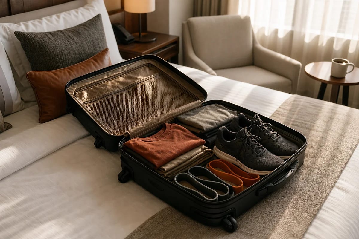 Open suitcase on a hotel bed with resistance bands and running shoes packed on top of folded clothes, morning light through unfamiliar sheer curtains