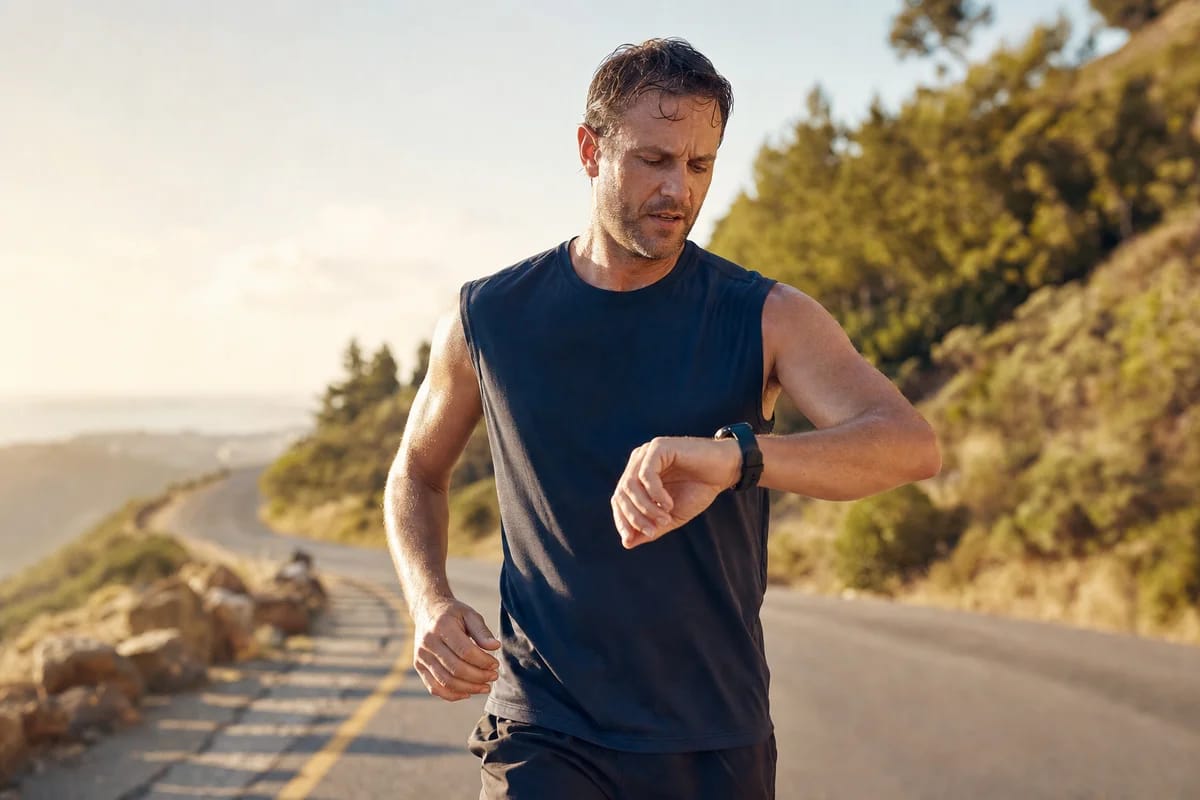 A runner in their forties on a warm sunny road, visibly sweating, glancing down at a fitness watch with a mildly puzzled look