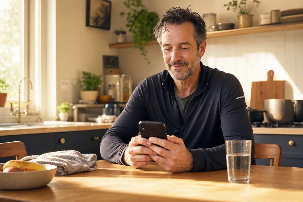 A person in their fifties reviewing a training-trend chart on a phone at a kitchen table after a run, calm and satisfied