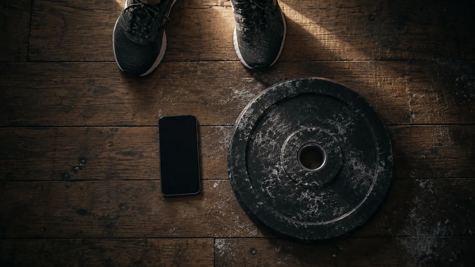 A woman resting between sets on a living room rug beside two dumbbells, phone propped against a stack of books