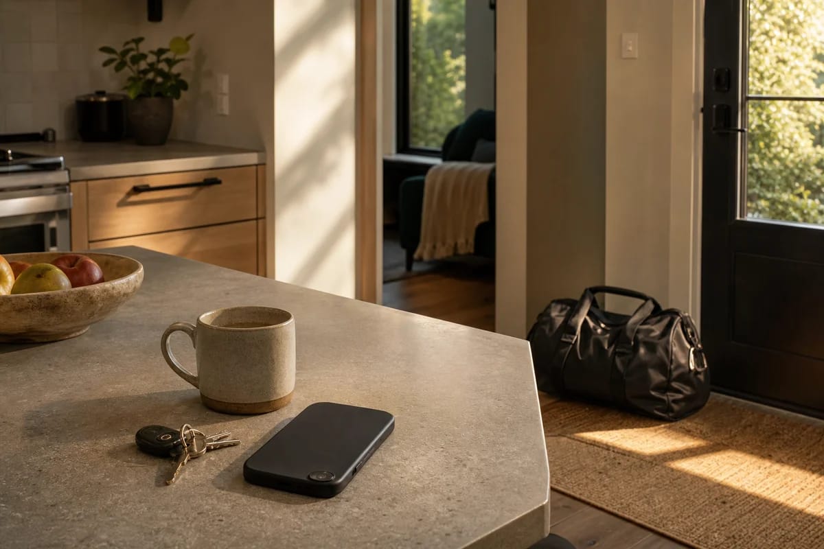 Car keys, a coffee cup, and a phone resting face down on a kitchen counter in warm morning light, a gym bag untouched by the door