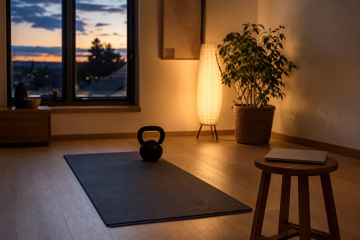 A home lifting corner at dusk with a kettlebell and exercise mat ready and a closed laptop on a stool, warm inviting lamp light
