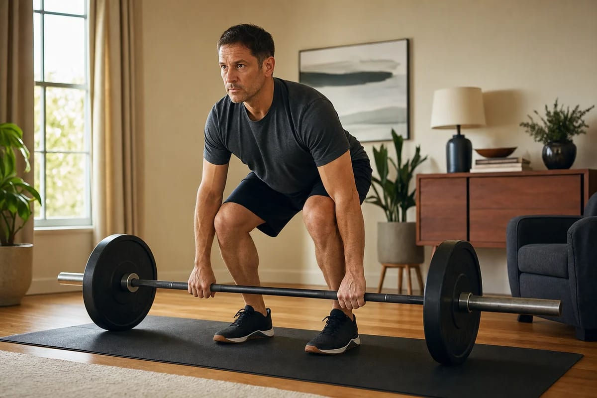 A first-time lifter in their forties gripping a barbell with focused concentration before a lift, home setting, emphasis on intent and readiness rather than execution