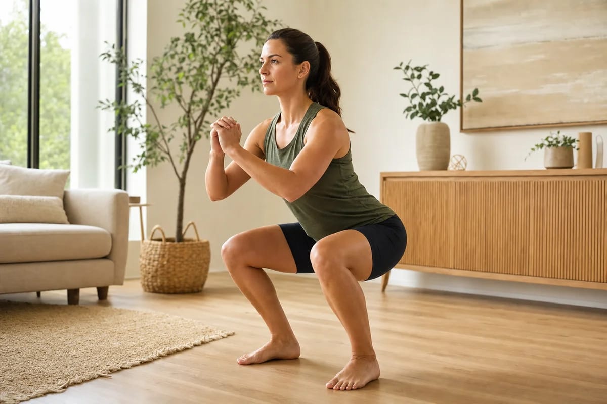 A person rehearsing a bodyweight squat with careful form, hips back and chest up, in a bright home space, coach-quality attention to position