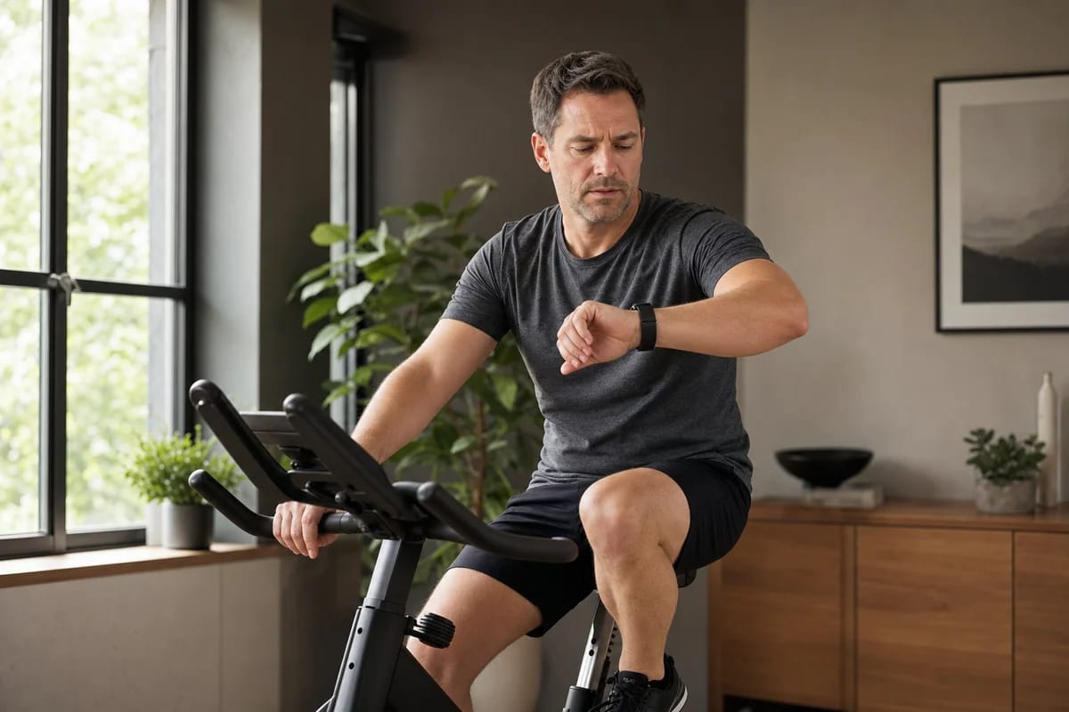A person in their forties on an indoor bike glancing skeptically at a fitness watch on their wrist, relaxed easy effort