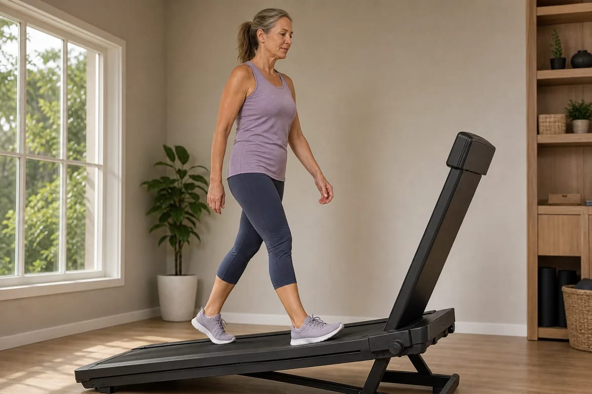A woman in her fifties finishing a long incline treadmill walk at home looking relaxed and unfazed, calm expression