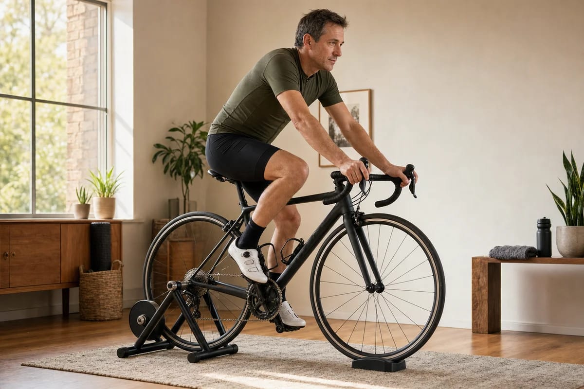 A man in his forties riding an indoor bike trainer at home at an easy steady pace, relaxed shoulders, light sweat through a window
