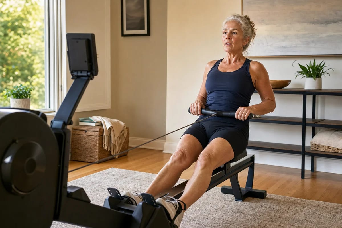 A woman in her sixties finishing a hard interval on a rowing machine at home, breathing deeply, focused and steady