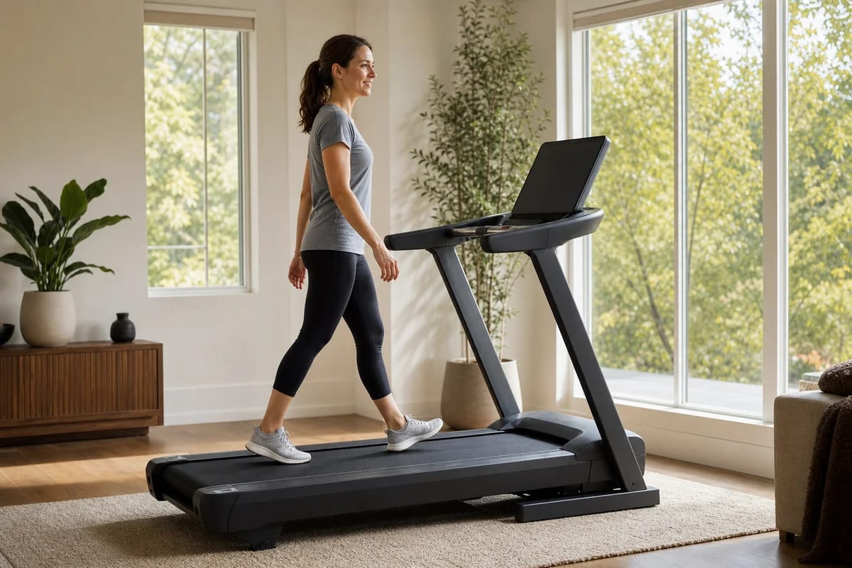 A person walking at an easy brisk pace on a treadmill in a bright airy home space, calm relaxed posture, seen from a comfortable distance, warm morning light