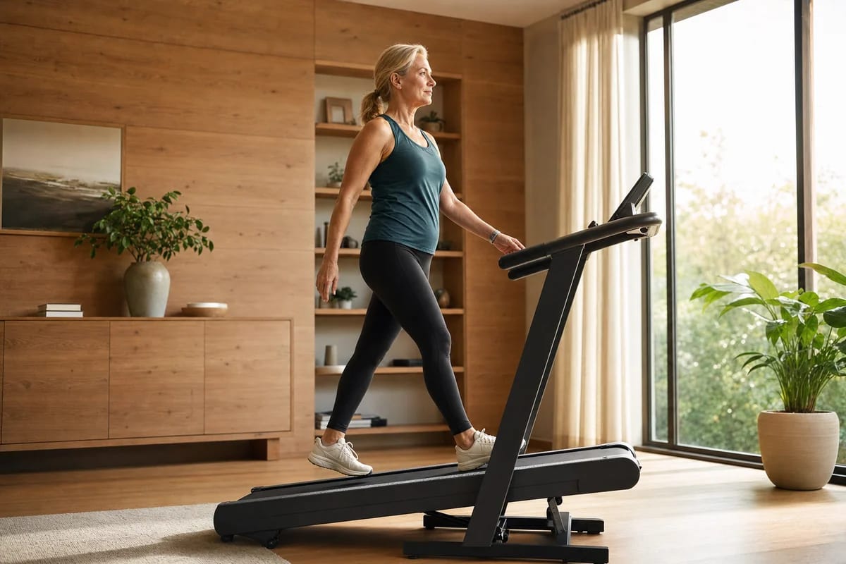 A woman in her fifties walking briskly on an inclined treadmill at home, upright posture, calm and steady