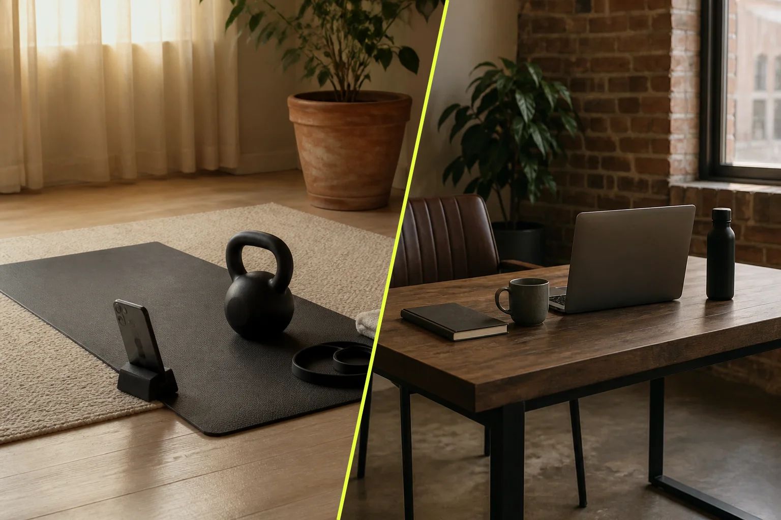A frame split down a chartreuse diagonal. On the left a member's living-room training corner: a mat on a wool rug, a kettlebell, a phone on a low floor stand, a potted plant and sunlit curtains. On the right a coach's dark-wood desk against exposed brick, with a laptop seen from the lid back, a notebook, a mug and a leather chair.