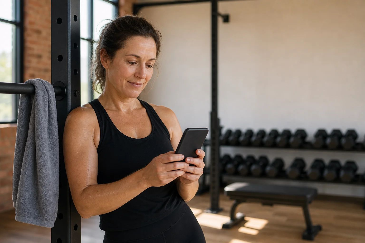 A woman in her forties leaning against a squat rack upright with a towel over the bar, smiling as she checks her phone, racked dumbbells and a flat bench behind her.