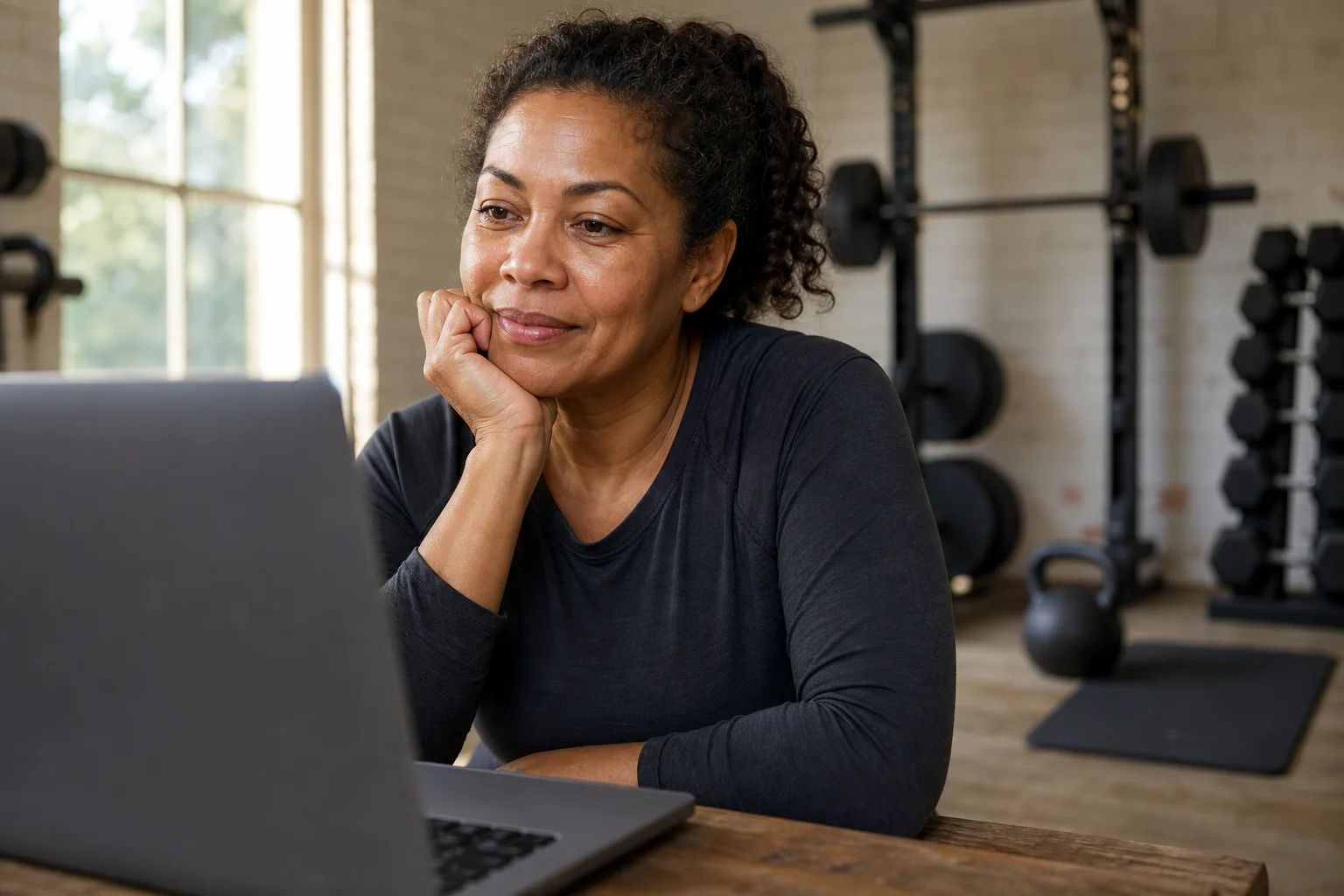A woman in her forties at a wooden table, chin resting on her hand, listening to someone on her open laptop, with a squat rack, racked dumbbells and a kettlebell in the home gym behind her.