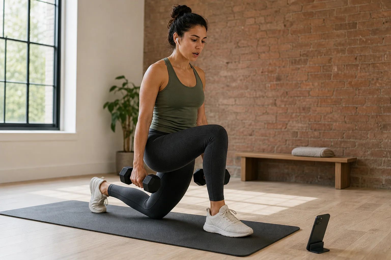 A woman in an olive tank top at the bottom of a dumbbell lunge on a mat, an earbud in, her phone propped on a low stand at the edge of the mat, in a loft with exposed brick and a tall window.