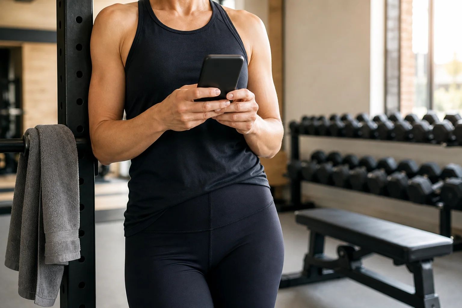 A member leaning on a rack between sessions, checking the Bespoke Fit app on her phone.