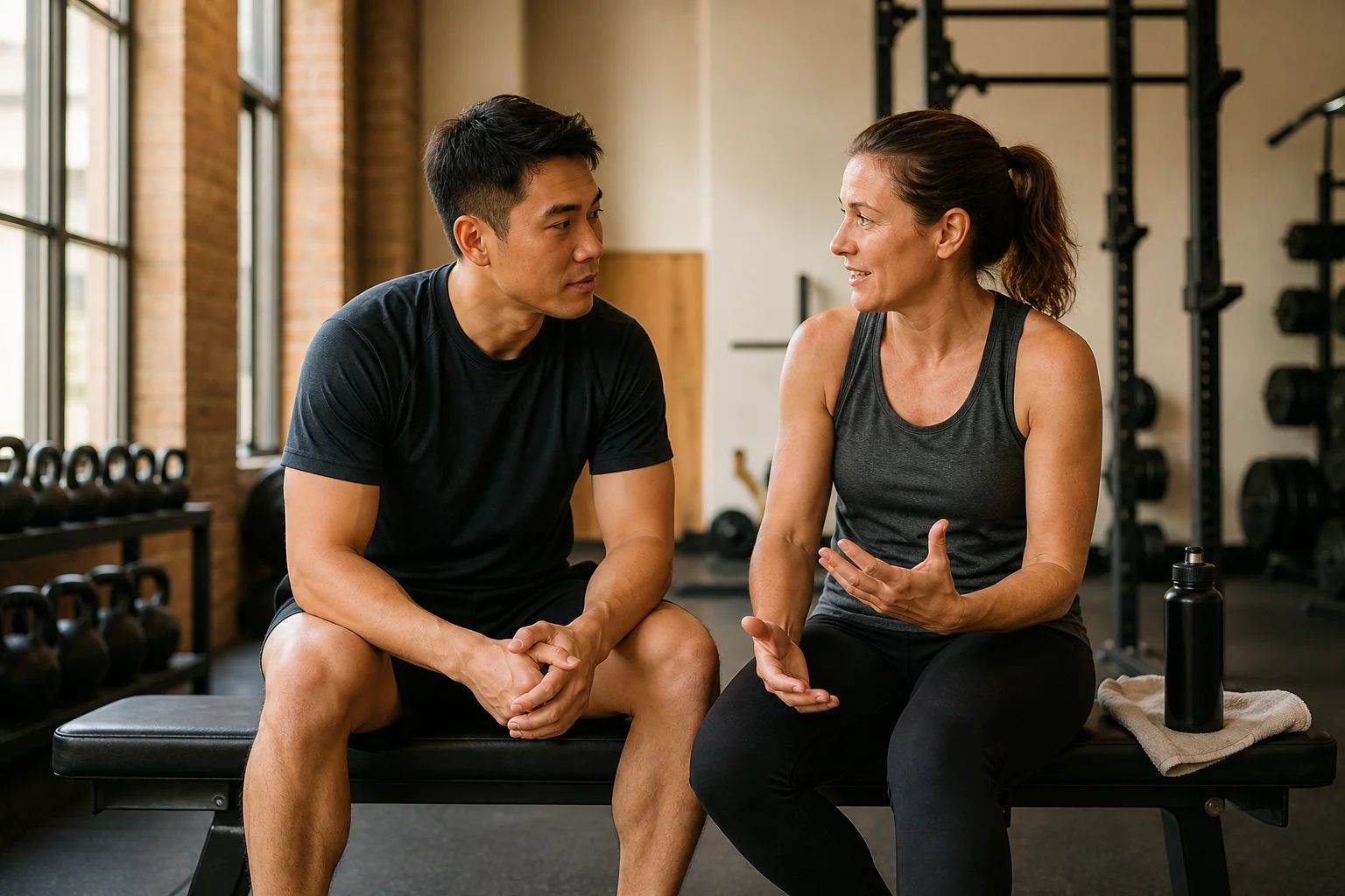 A coach and a member sitting together on a gym bench, mid-conversation about goals and training history.