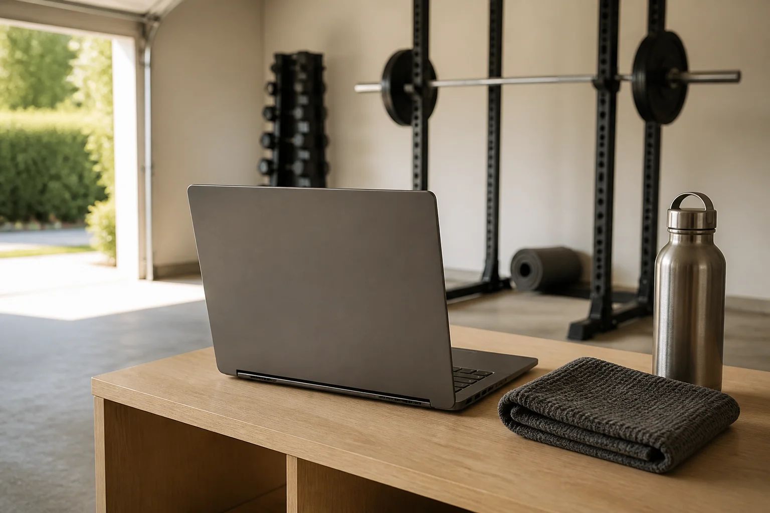 A laptop open on a bench in a garage home gym, set up for an onboarding call, with a squat rack and dumbbells behind it.