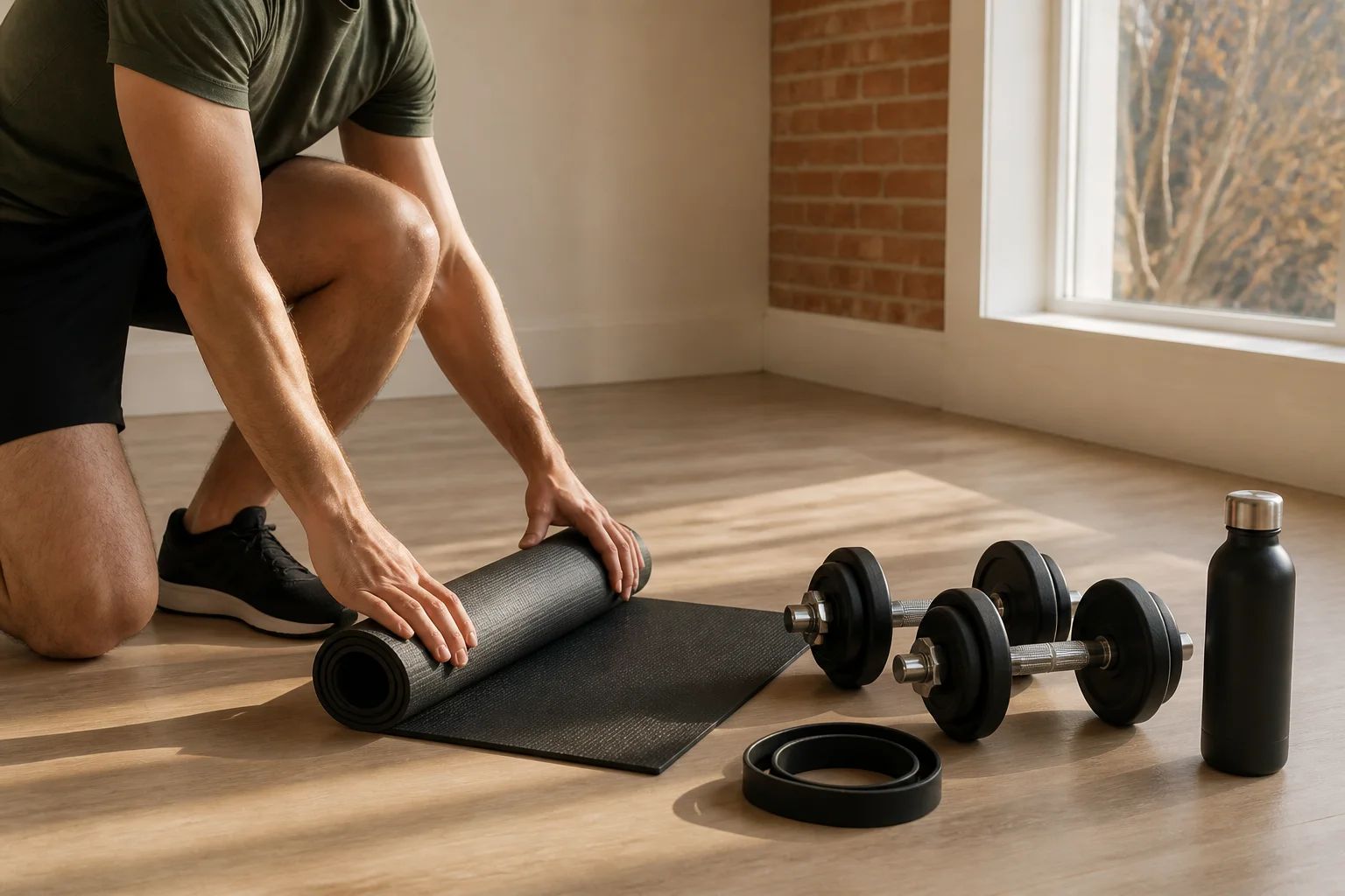A member unrolling a mat at home beside adjustable dumbbells, a resistance band and a water bottle, the equipment a program gets built around.