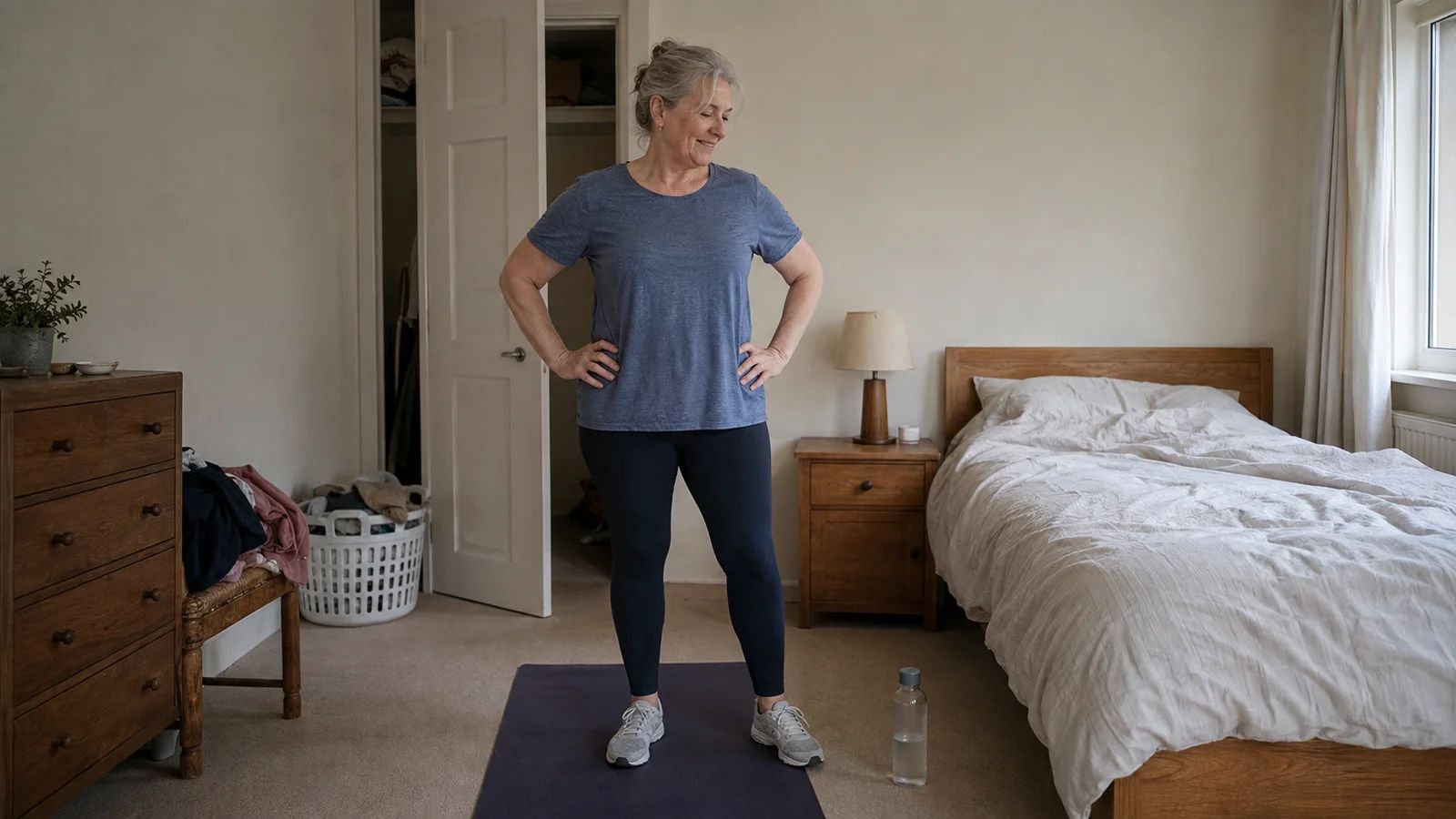 Woman in her early sixties with silver hair, hands on her hips, catching her breath between sets in her bedroom, a small smile, water bottle on the floor