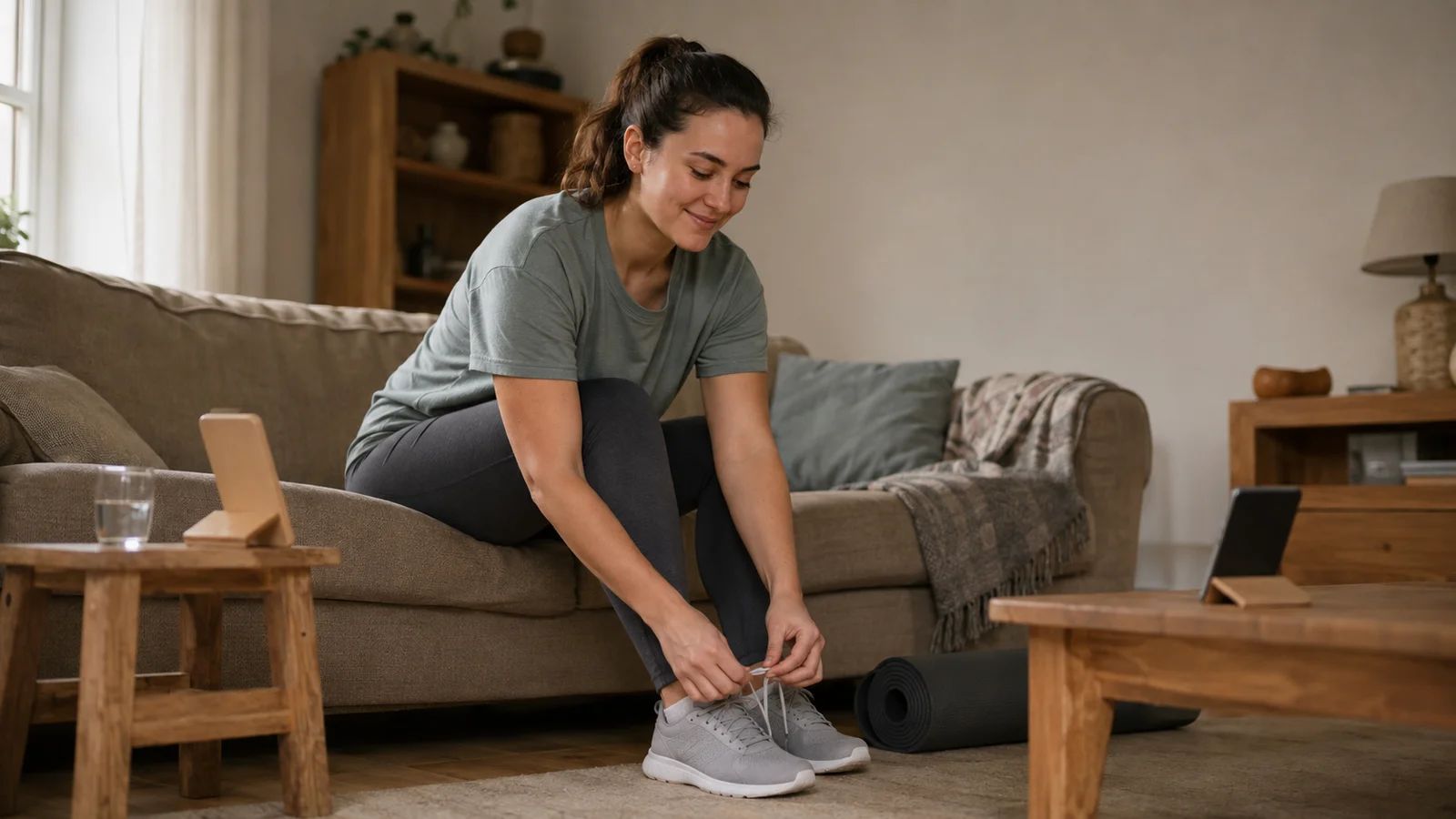 Woman in her late twenties lacing her trainers on the edge of a sofa before a session, phone on a stand facing her